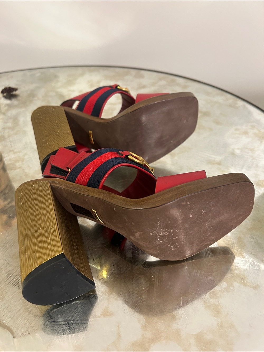 Gucci Red Leather and Navy Web Horsebit Sandals - Picture 6 of 7